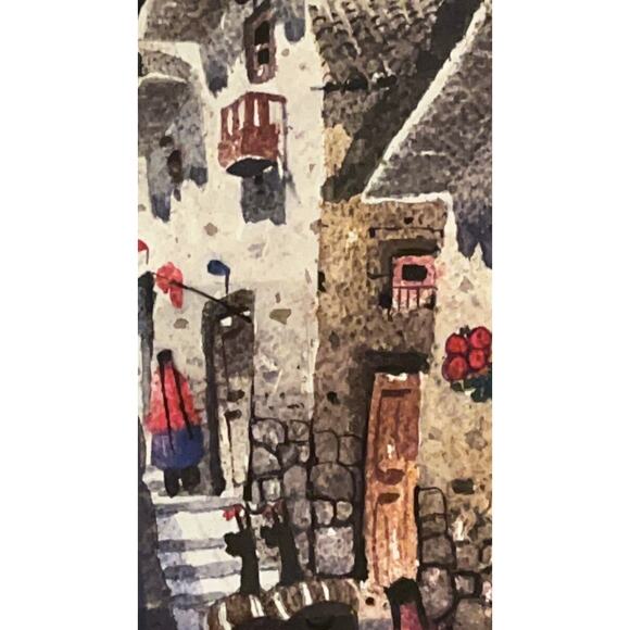 Original Watercolor Painting Signed Rouy - Village Scene Folk Art - Home Decor - Picture 5 of 9
